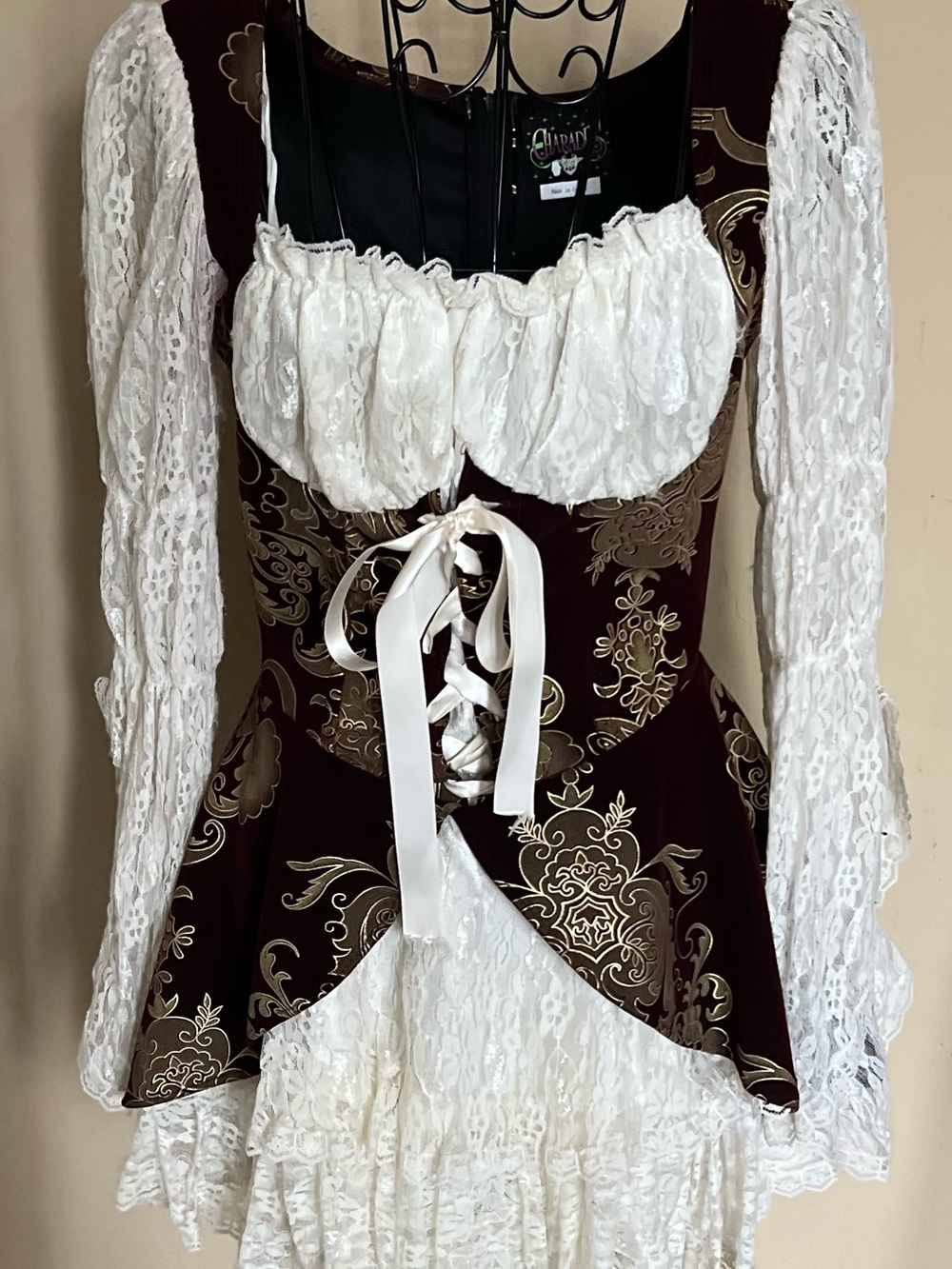 Pirate Lady- Medieval-Inspired Lace-Up Tunic Dress in Burgundy with White Lace - Picture 2 of 7